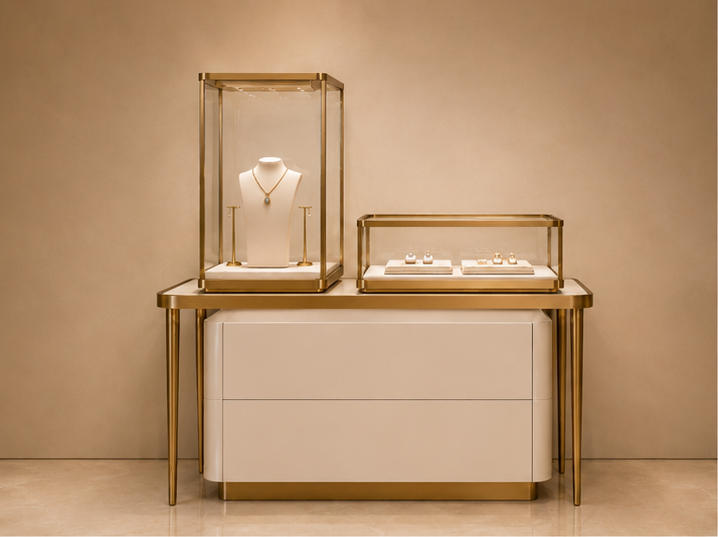 Mixed-Height Gold and White Jewelry Display Console | Tower + Case Set 7 Mixed-height gold and white jewelry display console different angle view